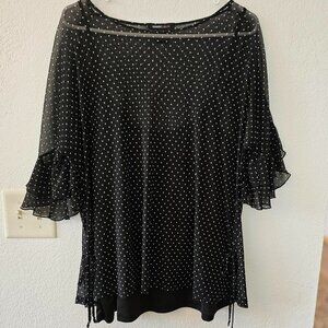 ROBERT LOUIS Womens XL Top - Sheeer Black White Polka Dots, Cami, Ruffled Sleeve